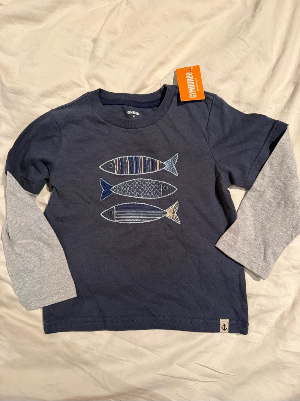 Gymboree Navy Long-Sleeve Layered Tee with Gray Sleeves and Fish Embroidery